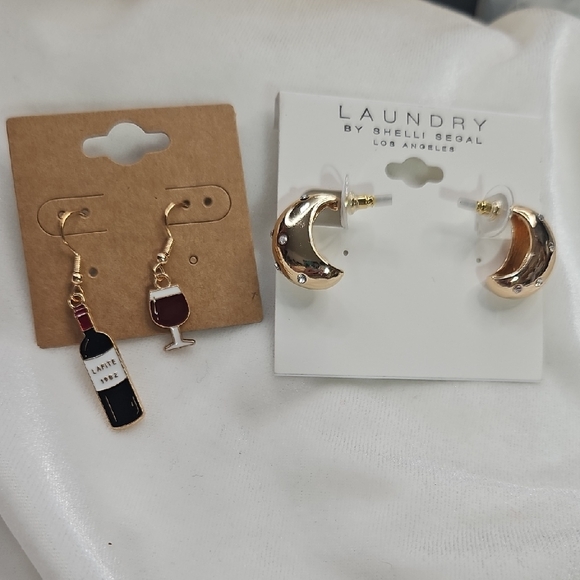 Ladies Set of 2 Pairs Earrings Gold Moon Earrings Wine Bottle and Glass Earrings - Picture 1 of 6